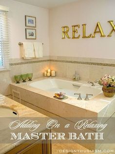 a bath room with a large jacuzzi tub next to a sink and window