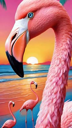 two pink flamingos are standing in the water at sunset with palm trees behind them