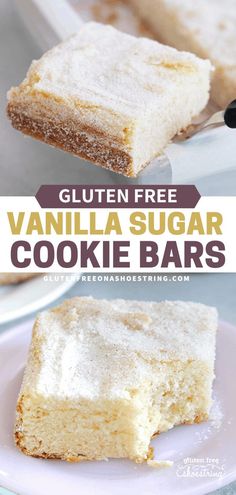 vanilla sugar cookie bars on a plate with the text gluten free vanilla sugar cookie bars