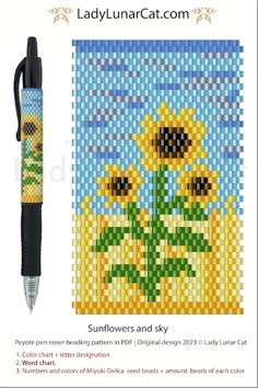 the sunflowers and sky cross stitch pattern is shown with a pen in it