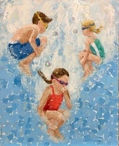 a painting of three children playing in the water, with bubbles coming out of their mouths