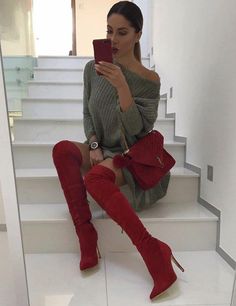 Red Suede Boots, Bota Over, High Boots Outfit, Boots High Heels, Suede Leather Boots, Woman Shoes, Boots High, Pump Dress