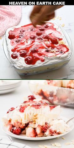 two pictures showing how to make a strawberry icebox cake with whipped cream and cherries