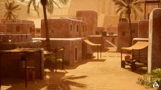 a desert village with palm trees in the background