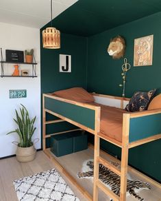 a bunk bed sitting in the corner of a room next to a rug and potted plant