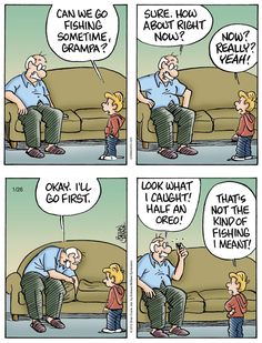 a comic strip with an older man sitting on a couch talking to a young boy