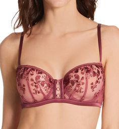 Stunning, romantic, and oh-so-versatile, this embroidered bra has sheer cups and convertible straps. Made from polyester, polyamide, and elastane. Underwire balcony cups are unlined (unpadded) and have vertical and inner front darts for shape. See-through mesh cup is embroidered with a floral pattern. Beautiful, non-stretch lace at neckline edge for containment. Covered satin elastic underband for stabilizing breasts. Wide center front has 3 pink coated metal rings. Wide-set straps are satin-cov Half Cup Bra, Demi Cup Bra, Demi Cup, Simone Perele, Demi Bra, Pink Coat, Bra Cups, Bra Styles, Stretch Lace