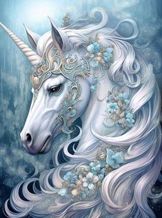 a white unicorn with blue flowers on its mane