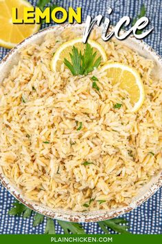 lemon rice in a bowl with the title above it