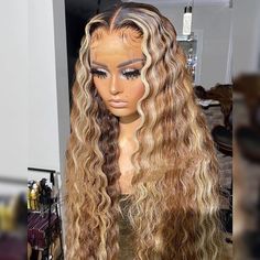 Highlight Brown, Blonde Curly Wig, Frontal Wig Hairstyles, Human Hair Wigs Blonde, Crimped Hair, Blonde Lace Front Wigs, Pretty Hair Color, Curly Lace Front Wigs, Front Lace Wigs Human Hair