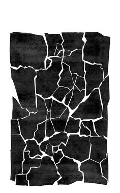 an abstract black and white painting with cracks in the middle, on a white background