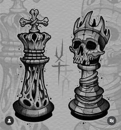 a drawing of two chess pieces with skulls on them