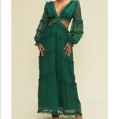 As Seen Emerald Green Front & Back Cut Out And Cross Closure Long Sleeve Green Ruffled Maxi Dress For Date Night, Long Sleeve Maxi Dress With Ruffles For Date Night, Long Sleeve Ruffled Maxi Dress For Date Night, 2025 Wedding, Ceremony Dresses, Baby Shower Dresses, Shower Dresses, Ruffle Long Sleeve, Knitwear Dress