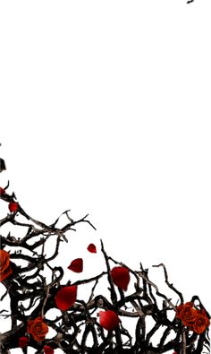 a tree with red roses on it and birds flying in the sky behind it, against a white background