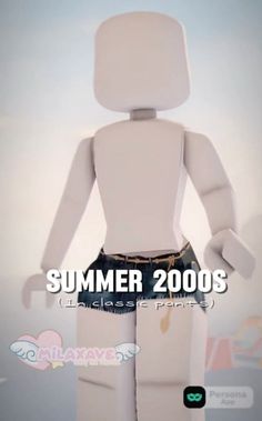 a white robot is standing in front of a blue background with the words summer 2000's on it