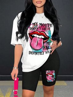 2pcs Casual Simple "MY MOUTH" Lip & Tongue Print Round Neck Short Sleeve T-Shirt And Shorts Set, Loose Fit Plus Size For Summer Women Black and White Casual    Cartoon,Figure,Letter  Slight Stretch  Women Plus Clothing, size features are:Bust: ,Length: ,Sleeve Length: My Mouth, T Shirt And Shorts, White Casual, Shorts Set, Plus Clothing, Short Sets, Summer Women, Neck T Shirt, Length Sleeve