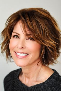 Tousled Shaggy Layers Hairstyle on smiling older woman with brown hair. Medium Bob Haircuts, Bride Hairstyles Updo, Shaggy Layers, Short Haircuts For Older Women, Shaggy Hairstyles, Mom Haircuts, Fun Hairstyles, Medium Bob Haircut, Haircuts For Older Women