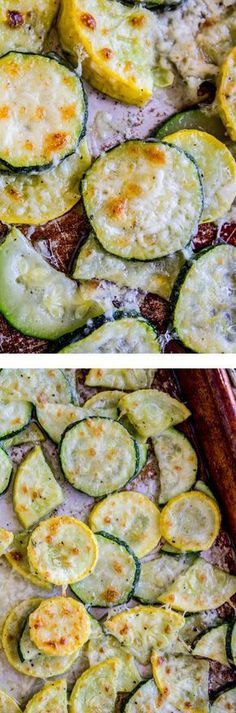 zucchini and cheese casserole is shown in two different pictures, one has been cooked