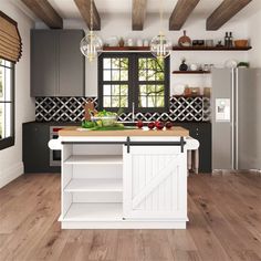 a kitchen with wooden floors and white cabinets, an island countertop and open shelves