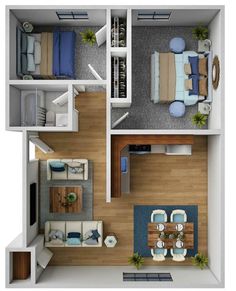 an overhead view of a two bedroom apartment