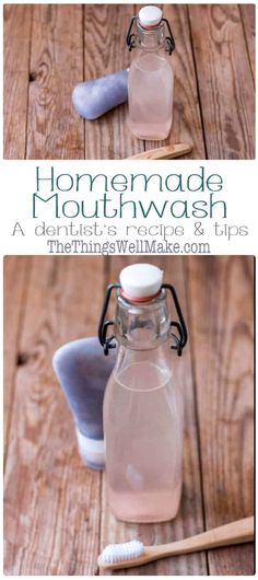 homemade mouthwash recipe in a glass bottle with toothbrushes