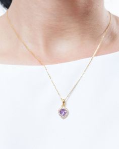 Natural Amethyst Halo Heart Pendant in 14K Yellow Gold Amethyst Heart Pendant Necklace For Gifts, Elegant Heart-shaped Amethyst Necklace, Valentine's Day Amethyst Pendant Necklace, Heart-shaped Amethyst Necklaces As Gifts, Purple Amethyst Heart Pendant Necklace, Buddha Jewelry, Golden South Sea Pearls, Gold Wedding Jewelry, Mother Jewelry