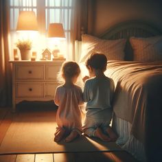 A heartwarming scene depicting two children praying beside their bed, viewed from behind. The bedroom is cozy and warmly lit, exuding a peaceful atmosphere. The children are kneeling, their small hands clasped together in prayer. They are wearing comfortable pajamas, and the room is decorated in a way that suggests a loving, nurturing environment. Soft, ambient lighting casts gentle shadows, enhancing the serene and devout moment, perfect for an audience interested in biblical themes. Family Praying Together, Christians Praying Photos, Family Praying Together Picture, Kneel Down And Pray, Praying Hands Images, Hands Clasped Together, Family Praying, Biblical Themes