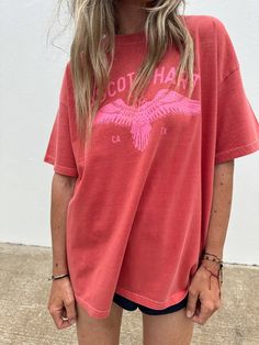 Our favorite tee of the season! Runs true to size. Size up if you want an oversized fit like photos. Laura is 5’4” tall and wearing a Large Oversized Sporty T-shirt For Fall, Oversized Relaxed T-shirt For Fall, Trendy Oversized T-shirt For Day Out, Oversized Text Print Top For Day Out, Oversized Soft-washed T-shirt For Fall, Oversized Screen Print T-shirt For Day Out, Urban Oversized T-shirt For Fall, Sporty Graphic Print T-shirt For Day Out, Pink T-shirt For Everyday Fall Wear