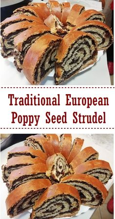 there is a cake that has been cut in half and on the plate, with words above it reading traditional european poppy seed crude