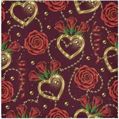 red roses with gold chains and hearts on a maroon background, as well as the word love