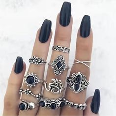 Set Of 11 Black Stackable Knuckle Rings, Gothic, Skull Ring, Flower, Silver. Size 8 Fashion Ring Set, Midi Ring Set, Black Opal Stone, Ring Sets Boho, Elephant Ring, Crown Flower, Silver Ring Set, Jewelry Wedding Rings, Geometric Ring