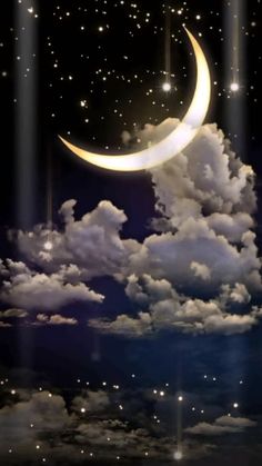 the moon and stars are shining in the night sky above some clouds with lights on them