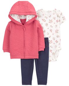 Stock up on three colorful pieces for baby, complete with a zip-up heart cardigan, short-sleeve floral bodysuit and a pair of easy on faux denim leggings for a ready-to-go look. Heart Cardigan, Cardigan Short, Cardigan Set, Floral Bodysuit, Carters Baby, Baby Pants, Girls Clothing Sets, Hooded Cardigan, Denim Leggings