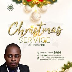 a man is standing in front of a christmas service poster with ornaments on the background