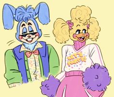 two cartoon characters are dressed up as clowns, one in pink and the other in blue