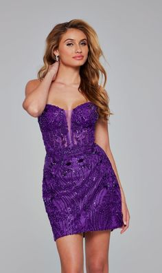 Sweetheart beaded embroidered fitted short party dress with sheer bodice. Purple Party Mini Dress With Fitted Bodice, Purple Mini Dress With Fitted Bodice For Homecoming, Purple Homecoming Mini Dress With Fitted Bodice, Homecoming Dresses Purple, Purple Embroidered Dress Short, Fitted Purple Embellished Mini Dress, Purple Hoco Dress, Purple Hoco, Cute Hoco Dresses