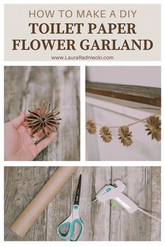 how to make a diy toilet paper flower garland with flowers and leaves on it