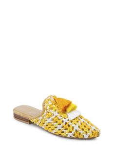 MARIANA Yellow Woven Flat Mules With Tassels-Yellow Womens Clogs And Mules, Woven Mules, Clogs And Mules, Flat Mules, Woman Weaving, Shoe Carnival, Leather Pieces, Womens Clogs, Cotton Rope