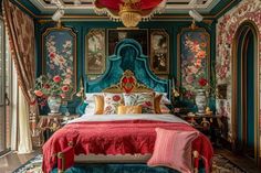 a bedroom with floral wallpaper and an ornate bed in the center, along with blue walls