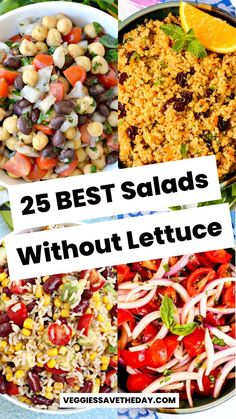 Collage of images showing bean salad, grain salad, rice salad, and tomato salad with text overlay 25 BEST Salads Without Lettuce. Salads Without Lettuce, Bean Salads, Best Salads, Dairy Free Salads, Lettuce Salad Recipes, Vegetable Salads, Lettuce Recipes, Side Salad Recipes, Vegan Salads