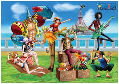 an image of some cartoon characters in front of the eiffel tower and beach