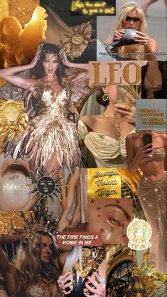 the collage shows different images of women in gold and silver outfits, with text that reads leo