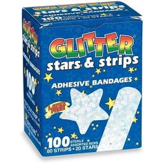 a box of glitter stars and strips adhesive bandages