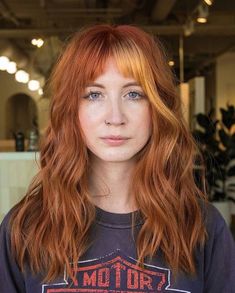 Cooper Hair Color With Bangs, Red Fringe Hair, Ginger Shaggy Hair, Redhead Shag Haircut, Shoulder Length Copper Hair With Bangs, Subtle Color Block Hair, Queer Long Haircut, Orange Shag Hair, Copper Hair With Blonde Bangs