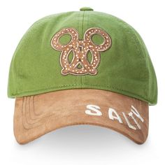 Brand New With Tags, Authentic Disney Parks Item That Was Only Available At Places Like Disneyland And Disney World And Is Sold Out Now. Adult Size Hat For Men Or Women In Green 100% Cotton Twill For The Crown And A Brown Faux Suede Bill With The Word Salty Embroidered On It In White While The Crown Has The Image Of A Mickey Mouse Shaped Pretzel Stitched To The Front And The Disneyland Name Embroidered In Back Above The Adjustable Strap Closure With Metal Buckle. Mickey Pretzel, Mickey Mouse Treats, Disneyland Hats, Mickey Mouse Ears Hat, Mickey Mouse Hat, Disney Hats, Minnie Mouse Ears Headband, Mickey Mouse Club, Mickey Christmas