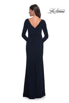 Exude timeless elegance in the La Femme 30881 gown, a creation that captivates with its refined simplicity. Tailoring details gracefully highlight the feminine form, shaping a bateau neckline adorned with long sleeves for a classic touch. Ruching textures the ensemble, adding depth and visual interest. The full back, complete with a concealed zipper closure, ensures a seamless and polished appearance. The sheath skirt gracefully falls to a floor-length hem, featuring a subtle yet sophisticated r Tailoring Details, Sheath Skirt, Bateau Neckline, Dress 16, Navy Color, Chic Design, Evening Dress, Floor Length, Timeless Elegance