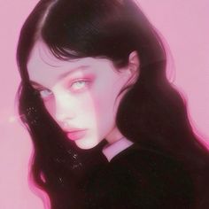 a woman with long black hair and pink eyes