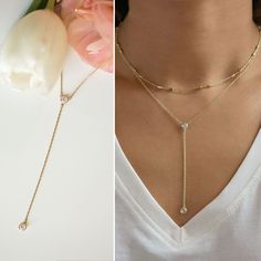 Lariat Necklace, Dainty Necklace, Layer Necklace, Y Necklace, MEASUREMENTS & MATERIALS - .925 Sterling Silver / 14K Gold Vermeil / 14K Rose Gold Vermeil - Cubic Zirconia Crystals - Pendant Height 2 1/2 in | 6.3 cm - Chain 18 in | 45.7 cm - Hypoallergenic, lead & nickel free - Handcrafted in NYC COMPLETE THE LOOK: - Crystal Choker N062: https://www.etsy.com/listing/484350920/ - Love Knot Necklace N316: https://www.etsy.com/listing/600399896/ To shop more Y Lariat Necklaces: https://www.et Minimalist Lariat Necklace With Clavicle Chain For Layering, Minimalist Adjustable Layered Clavicle Necklace, Minimalist Layered Necklace With Adjustable Delicate Chain, Minimalist Layered Necklace With Adjustable Chain, Minimalist Adjustable Layered Necklace For Everyday, Adjustable Long Layered Minimalist Necklace, Minimalist Long Adjustable Layered Necklace, Minimalist Adjustable Long Layered Necklace, Minimalist Double Strand Lariat Necklace With Adjustable Chain