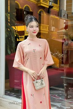 At Ao Dai by CuteSass, you will find the most stylish ao dai in wide size range and at reasonable prices.  ❣️ This set includes one Ao Dai Top and 1 Pants Style: Traditional  Material: Linen. Non Stretch. ❣️ This beautiful and modern ao dai set is perfect for any special occasions: Lunar NewYear, Mid Autumn Festival, Attending Wedding, or a Family photoshoot. ❣️ Please note: - Sizing may run smaller than American standard sizes, please refer to the sizing charts for sizing. - Please contact me i Orange Floral Embroidered Sets, Red Ao Dai For Summer, Fitted Peach Sets With Floral Embroidery, Peach Floral Embroidery Fitted Sets, Orange Embroidered Summer Sets, Embroidered Orange Summer Set, Summer Embroidered Orange Sets, Pink Embroidered Sets For Spring, Spring Pink Embroidered Sets