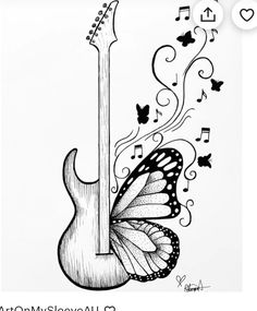 a drawing of a guitar with music notes coming out of it and a butterfly flying around